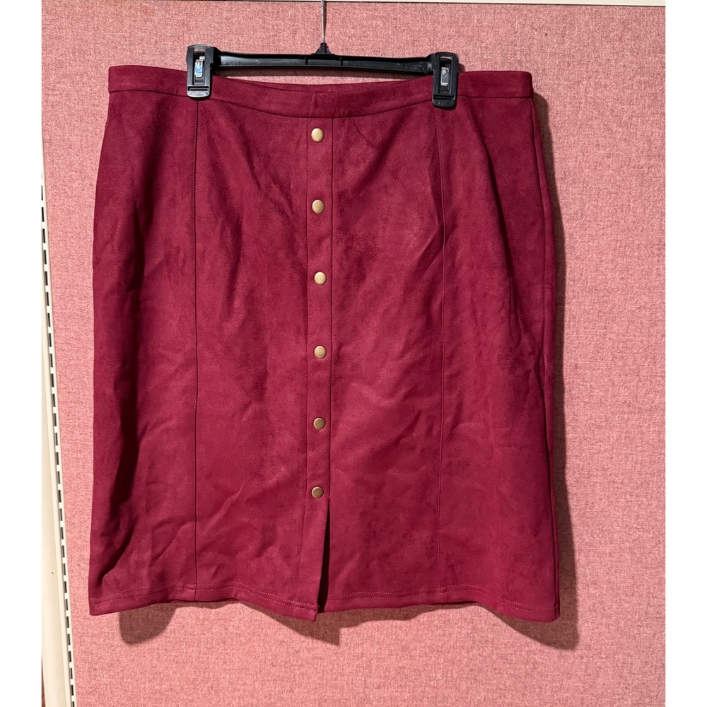 Retrology‎ XL Burgundy Faux Suede Skirt Faux Snap Midi Western Boho Stretch